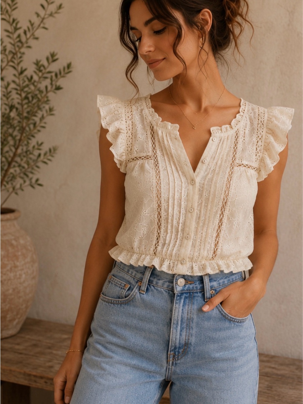 Olivaceous Ivory Eyelet Lace Ruffle Sleeve Pintuck Button Up Blouse Medium NWOT